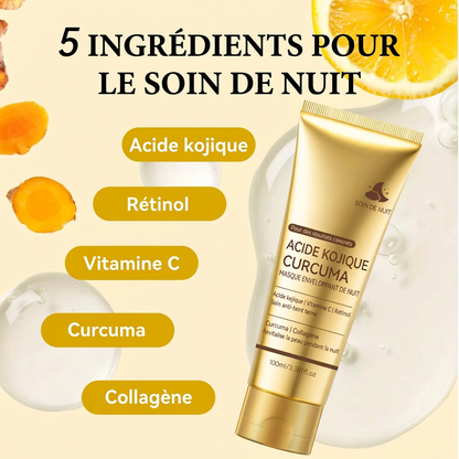 Les 5 ingrédients du masque de nuit : acide kojique, rétinol, vitamine C, curcuma, collagène